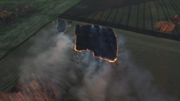 Вид з повітря на безпілотника Спалювання сухої трави під час заходу сонця, ландшафт неба. Кадри. Вогонь у польовому повітрі. Вогонь на осінніх полях — стокове відео