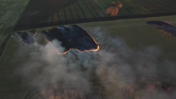 从无人机农民烧乾草在日落的时候，天空景观的鸟瞰图。画面。火在外地的鸟瞰图。火在秋日的田野上 — 图库视频影像