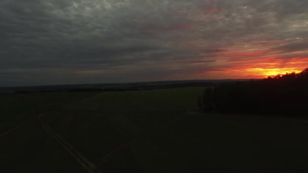 Vackra fält på solnedgången, aerial view. Footage. Majestätisk solnedgång i naturen landskap. Sommaren natur landskap. Dramatiska molnig himmel — Stockvideo