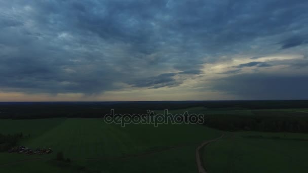 Vista dal campo drone con tramonto cielo natura paesaggio sfondo. Un filmato. Vista aerea della zona rurale con strada forestale nel tramonto estivo — Video Stock