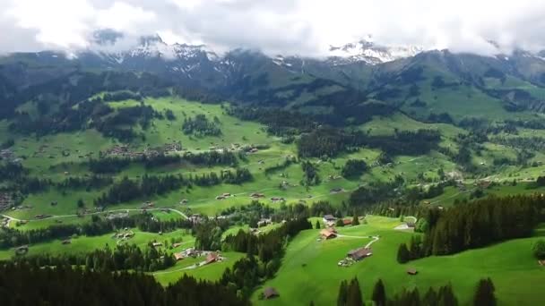 Luchtfoto uitzicht over klein dorpje. Beeldmateriaal. Huis groene vallei helling in helling tuin — Stockvideo