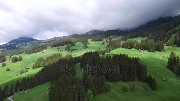 Bergdorp op een zonnige zomerdag. Beeldmateriaal. Dorp in de bergen. Luchtfoto — Stockvideo