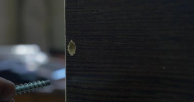 Bir elektrikli el matkabı bir Pano bir vida sürücü kullanan adam. Ortamda bulunan toz tanecikleri Parlatıcı havadaki toz. Vida sıkma