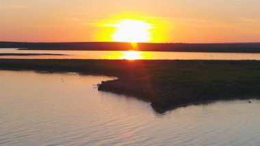 Martılar kuş günbatımı zaman nehrin uçmak. Kuşlar günbatımında etmezsin. Günbatımı hava Nehri üzerinde