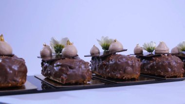 Dondurma, çikolata ile kaplı. Çikolatalı dondurma bir sopa. Çikolatalı dondurma çiçeklerle süslenmiş bir sopa