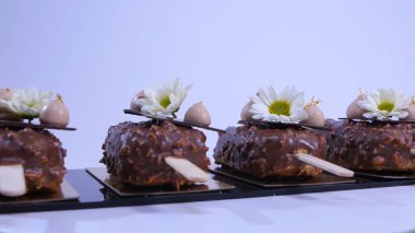 Dondurma, çikolata ile kaplı. Çikolatalı dondurma bir sopa. Çikolatalı dondurma çiçeklerle süslenmiş bir sopa
