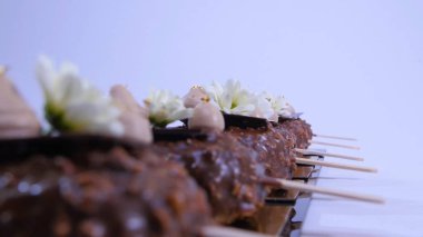 Çiçekler ve krem dondurma portre üzerinde. Çikolatalı dondurma bir sopa. Çikolatalı dondurma çiçeklerle süslenmiş bir sopa