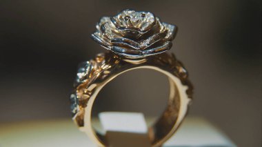 Değerli elmas yüzük. İyi lüks Elmas mücevher Vitrini yüzük bilgiç ile. Parlak siyah arka plan üzerine izole ile altın yüzük