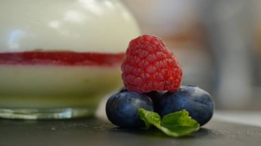 Ev yapımı yoğurt bir cam kavanoza yaban mersini ile. güzel meyveleri tatlı süslemeleri, yakın çekim için düzenlenmiş
