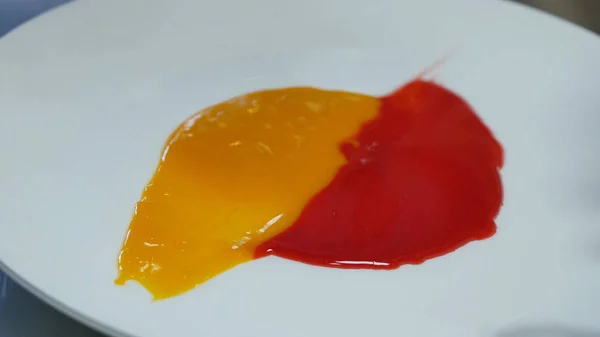 Marmellata spalmabile su un piatto. Due tipi di marmellata spalmata sul piatto con una spatola — Foto Stock