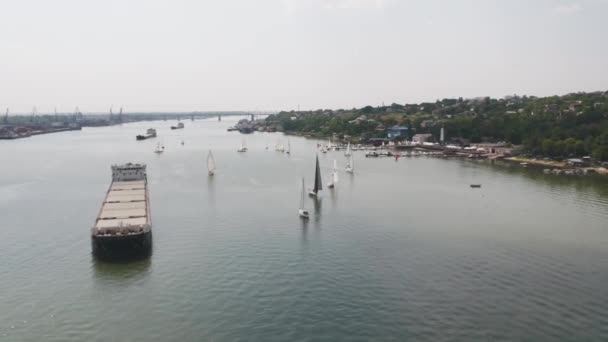 Pequenos barcos à vela no estreito com um grande petroleiro. Veleiros e petroleiros — Vídeo de Stock