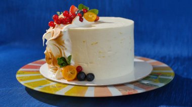 Beyaz krema ve şekerli meyveler ile geleneksel Noel meyveli kek. Kamkat, kızılcık, çilek kremalı pasta