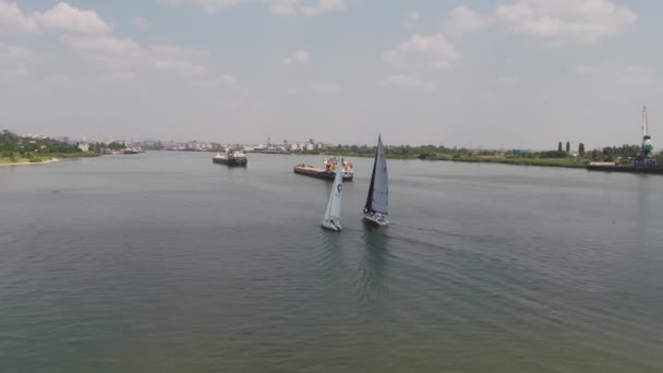 Yate de vela en el gran río. Tres yates de crucero por el río. Yates carrera en el lago . — Vídeo de stock