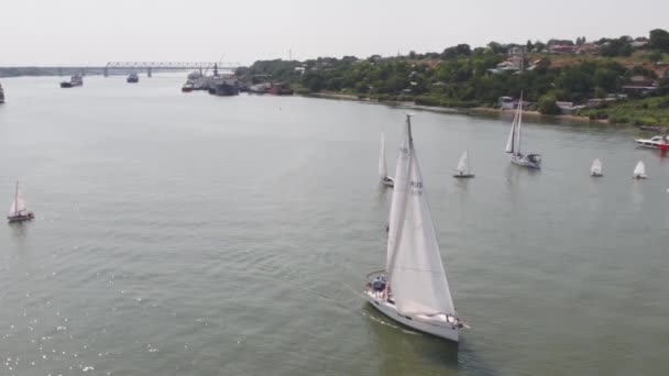 Een zeilboot haven met een groot aantal zeilboten. De haven van de zeilen. Luchtfoto — Stockvideo