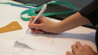 Tailor.Hands çentik terzi makas bez yapılandırılabilir. Kadın terzi malzemesi işyerinde dikiş. Kumaş yapım giysiler için hazırlanıyor. Terzilik, hazır giyim endüstrisi, tasarımcı atölye kavramı.