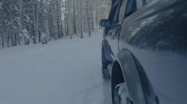 Bir kış orman yolda araba sürmek. Ağaçları arasında karla kaplı road arabaya