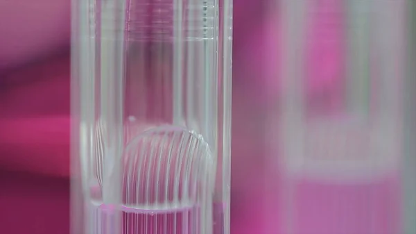 Test tubes with colorful liquids. liquid is mixed in a special apparatus. Medical tubes with pink liquid. tubes with pink solutions in a biochemistry lab. Perfume distillery glass tube. Test tubes