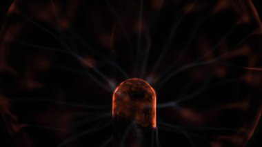 Bir plazma topu dokunmadan el. Bir plazma topu lamba enerji, güç, elektrik, bilim ve Fizik, closeup için parlak Cam Küre kavramı dokunmadan el