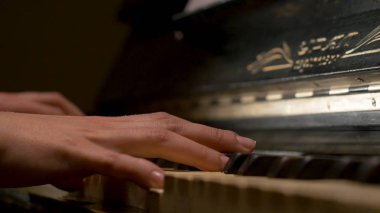 Piyano closeup oynayan genç bir kadın. Müzik aletleri ayrıntıları oyuncu el closeup ile oynarken piyano eller piyanist