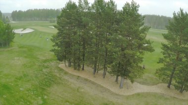 Üstten Görünüm yeşil golf sahası açık yeşil çim alan. Uçak uçan üzerinden havadan görünümü