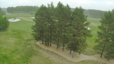 Üstten Görünüm yeşil golf sahası açık yeşil çim alan. Uçak uçan üzerinden havadan görünümü