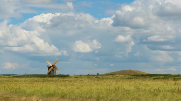 Větrný mlýn, stojící osaměle na poli s lesem a cloudscape na pozadí. Venkovské zelená krajina s mlýny a zamračená obloha — Stock video