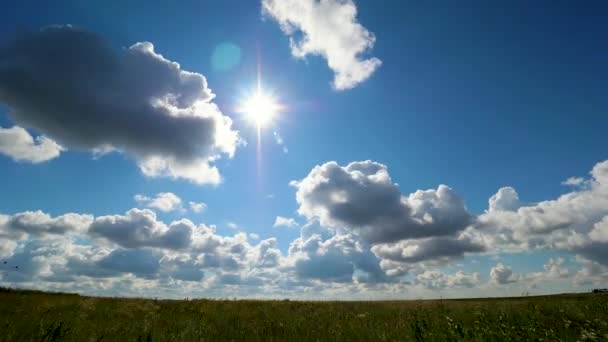 Campo verde paisaje de verano, timelapse. Nubes y campo de cielo azul — Vídeos de Stock