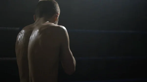 Shadow Boxer. Sterke gespierde bokser. Training shadowboxing achteraanzicht — Stockfoto