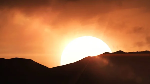 Gurun pasir yang indah di gurun Sahara. Matahari terbenam yang indah di pegunungan. Pemandangan berwarna dengan matahari, sinrise atau sinar matahari dan animasi langit biru — Stok Foto