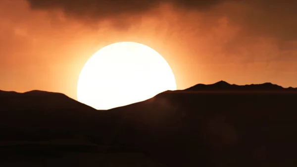 Sahara Çölü'nde güzel kum tepeleri. Güzel gün batımı dağlarda. Renkli yatay, güneş, sinrise veya yapraklara ve mavi gökyüzü animasyon — Stok fotoğraf