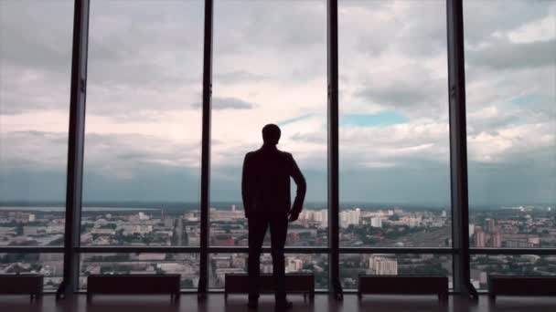 Vista trasera del hombre de negocios en una oficina con vista panorámica de la ciudad. Empresario admira la ciudad desde las ventanas panorámicas en el centro de la ciudad — Vídeos de Stock