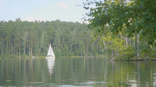 Rivage du lac avec fond de bateau blanc. Rangée Bateau flottant, ancré au large, sur un lac avec un reflet parfait du ciel et du fond. Voilier sur le lac — Photo