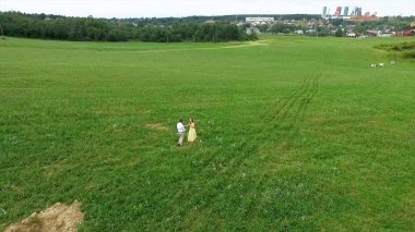 Uçan nerede aşıklar yürümek yeşil alanın üzerinde. Kadın ve adam çalıştırdığı kenar boşluğu hava anketi. Alan. Sahada koşmak aşıkların hava anket