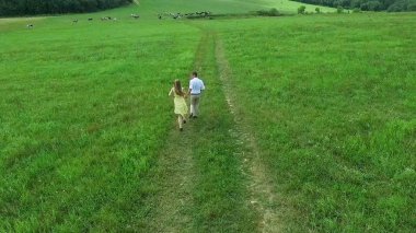 Uçan nerede aşıklar yürümek yeşil alanın üzerinde. Kadın ve adam çalıştırdığı kenar boşluğu hava anketi. Alan. Sahada koşmak aşıkların hava anket