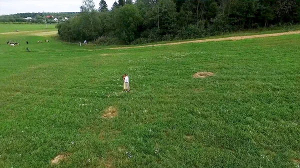 Flying over green field where the lovers walk. Aerial survey of margin where woman and man run. Field. Aerial survey of lovers run on the field