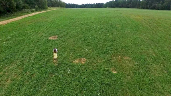 Flying over green field where the lovers walk. Aerial survey of margin where woman and man run. Field. Aerial survey of lovers run on the field