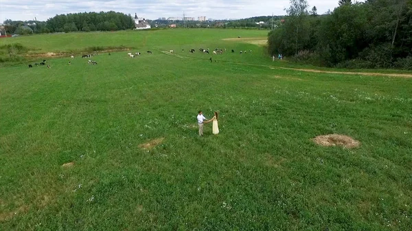 Uçan nerede aşıklar yürümek yeşil alanın üzerinde. Kadın ve adam çalıştırdığı kenar boşluğu hava anketi. Alan. Sahada koşmak aşıkların hava anket