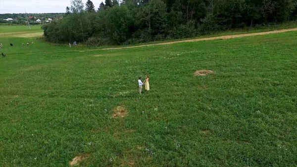 Uçan nerede aşıklar yürümek yeşil alanın üzerinde. Kadın ve adam çalıştırdığı kenar boşluğu hava anketi. Alan. Sahada koşmak aşıkların hava anket
