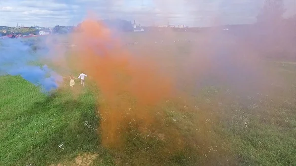 Aerial survey of couple walk on the field with colored smoke in hands. Flying over man and woman run through the field using colored smoke.Lovers running through the field with red and pink smoke