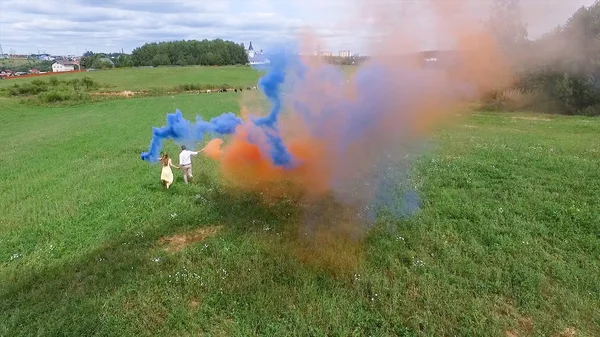 Aerial survey of couple walk on the field with colored smoke in hands. Flying over man and woman run through the field using colored smoke.Lovers running through the field with red and pink smoke