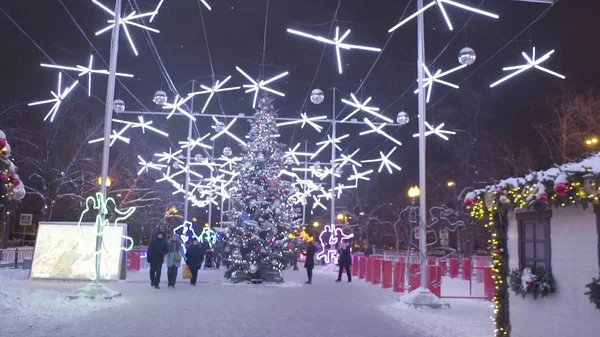 Piękny widok na park miejski zdobione Zima w nocy. Osób i dziecka chodzić w lód miasto podczas opadów śniegu. Snow World — Zdjęcie stockowe