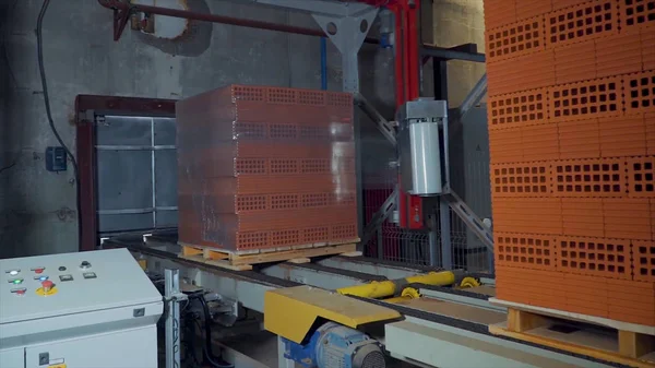 Tuğla üretimi için bitki. Yapı malzemesi ile hazır tuğla, inşaat sanayi üretimi için bitki. Üretim tesisi tuğla. İş akışı, yakın çekim. Birçok tuğla