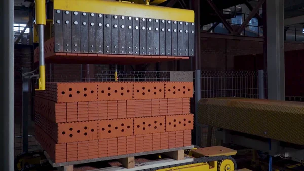 Tuğla üretimi için bitki. Yapı malzemesi ile hazır tuğla, inşaat sanayi üretimi için bitki. Üretim tesisi tuğla. İş akışı, yakın çekim. Birçok tuğla