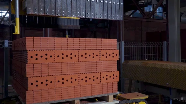 Tuğla üretimi için bitki. Yapı malzemesi ile hazır tuğla, inşaat sanayi üretimi için bitki. Üretim tesisi tuğla. İş akışı, yakın çekim. Birçok tuğla