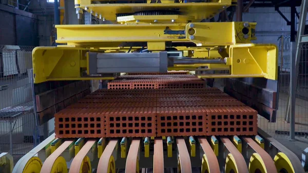 Tuğla üretimi için bitki. Yapı malzemesi ile hazır tuğla, inşaat sanayi üretimi için bitki. Üretim tesisi tuğla. İş akışı, yakın çekim. Birçok tuğla