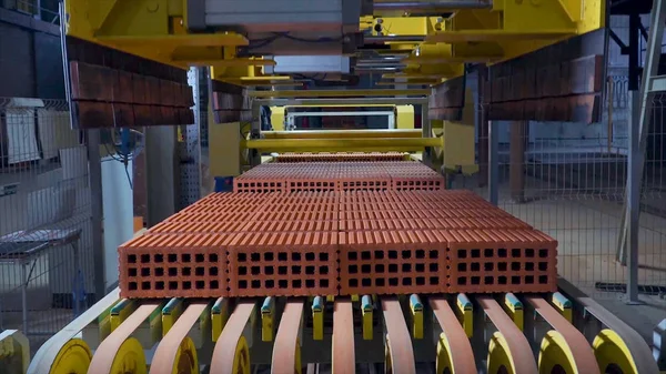 Tuğla üretimi için bitki. Yapı malzemesi ile hazır tuğla, inşaat sanayi üretimi için bitki. Üretim tesisi tuğla. İş akışı, yakın çekim. Birçok tuğla