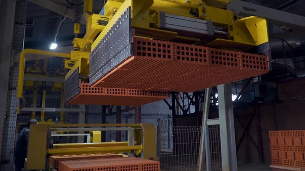 Tuğla üretimi için bitki. Yapı malzemesi ile hazır tuğla, inşaat sanayi üretimi için bitki. Üretim tesisi tuğla. İş akışı, yakın çekim. Birçok tuğla