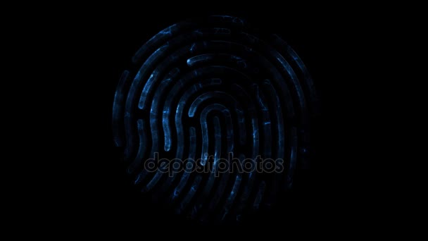 Aminazione delle impronte digitali clorurate. Animazione di apparizione e scomparsa di impronte digitali con scintille su sfondo nero. Brillante colorato tracciamento Fingerprint Loop con opaco — Video Stock