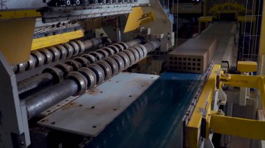 Tuğla üretimi için bitki. Yapı malzemesi ile hazır tuğla, inşaat sanayi üretimi için bitki. Üretim tesisi tuğla. İş akışı, yakın çekim. Birçok tuğla