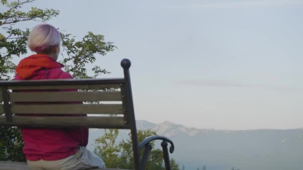 Una joven sentada en el banco. Viajera admirando una vista marina. Vista lateral de la mujer viajera, sentada con los brazos a lo largo del banco en la cima de la montaña y mirar el paisaje nture con árboles . — Vídeos de Stock